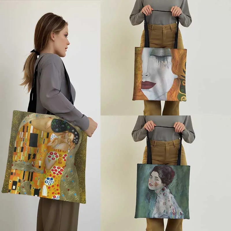 

Vintage Painting Kiss / Water Lily Totes Women Handbag Monet / Gustav Klimt Canvas Shoulder Bag for Travel Shopping Bags Gift