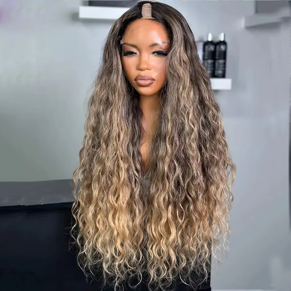 Highlight Chestnut Ash Brown Bayalage Lockige V-Part-Perücken, einfach zu tragen, klebefrei, U-förmige Echthaarperücken für schwarze Frauen – Detail 2