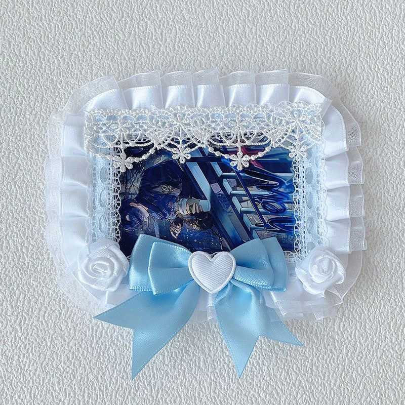Handmade 3‑inch photocard holder, multi‑color, layered lace ruffle, satin big bow, heart ornament, fabric rose decor, sweet Lolita style, for polaroid, idol collectible & anime cards view 3