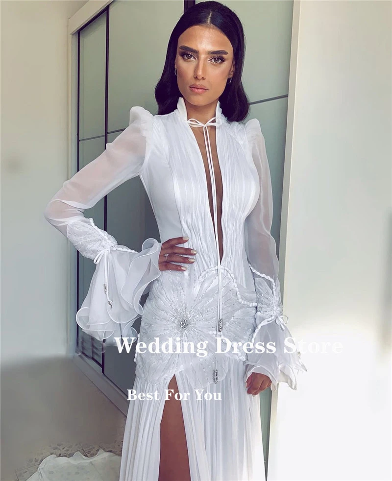 OLOEY Elegant High V Neck Chiffon Beach Long Sleeves Wedding Dresses Arabia Women Formal Dress Evening Bride Gowns With Slit