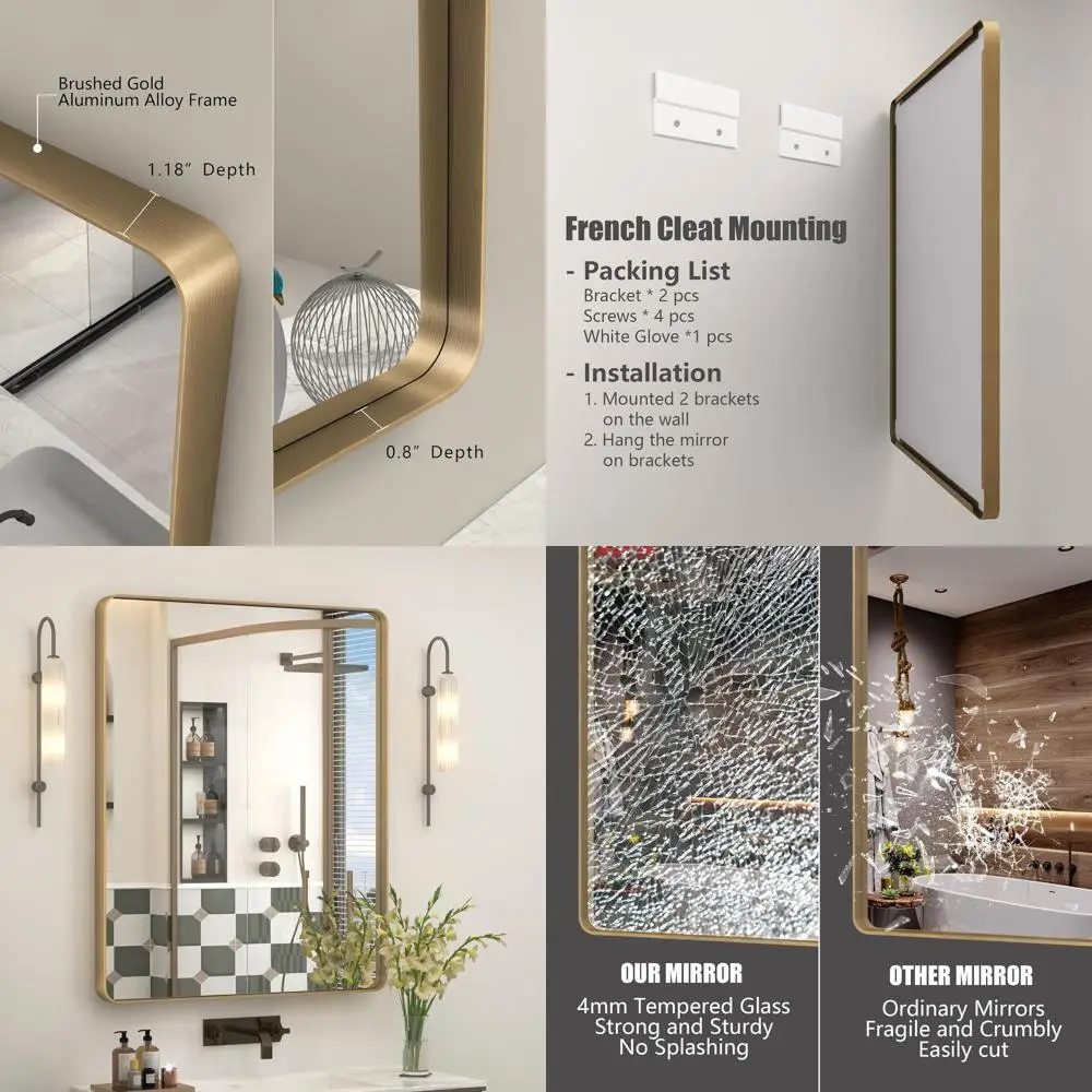 

Rectangular Gold Vanity Mirror with Brushed Metal Frame, Wall-Mounted, Rounded Edges, Shatterproof & Anti-Rust for Bathroom