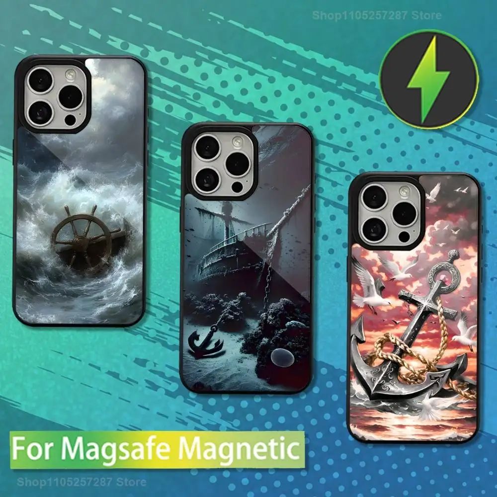 

Anchor Art Ship Wheel Phone For iPhone 17,14,11,15,16,13,12,Pro,Max,For Magsafe,Plus,Mini, Magnetic Wireless Charging Case