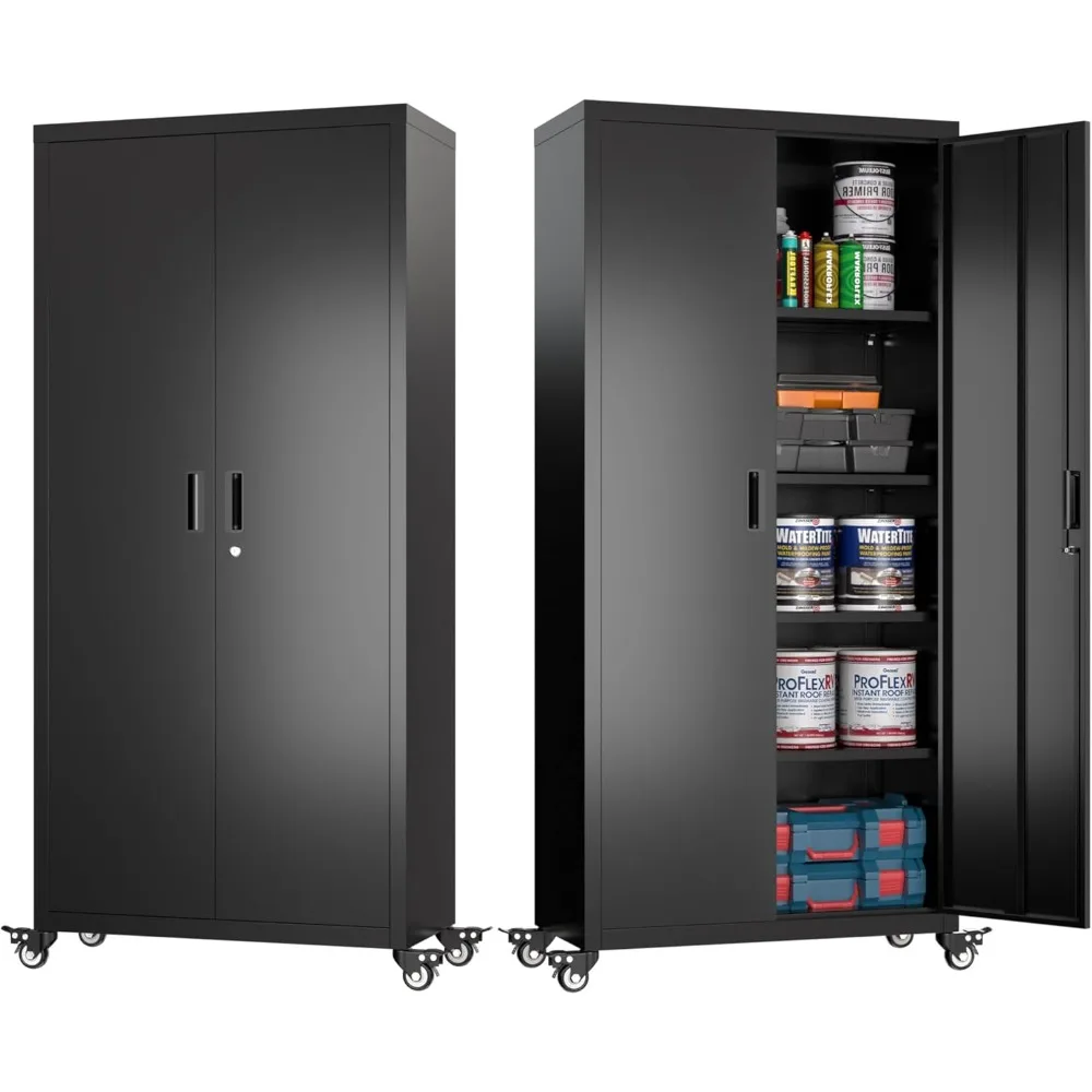 

73" H Metal Storage Cabinet with Wheels, Locking Garage Tool Cabinet with 4 Shelves, Black, Assembly Required