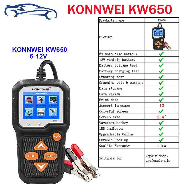 KONNWEI KW650 Car Motorcycle Battery Tester 6V 12V Auto Battery Analyzer 100 to 2000 CCA Car Moto Cranking Charging Test Tools