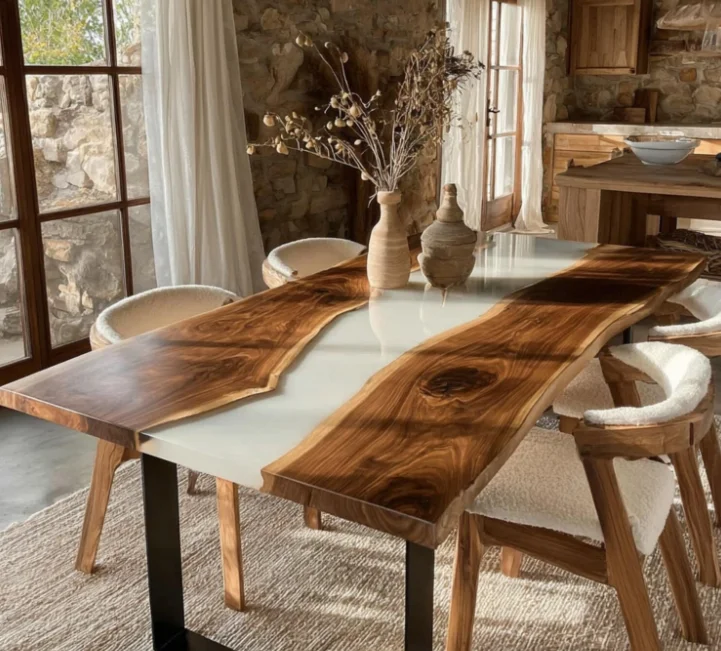 Factory Direct Luxury Solid Walnut Wood Cafe Kitchen Coffee Restaurant River Epoxy Resin Slab Dining Table