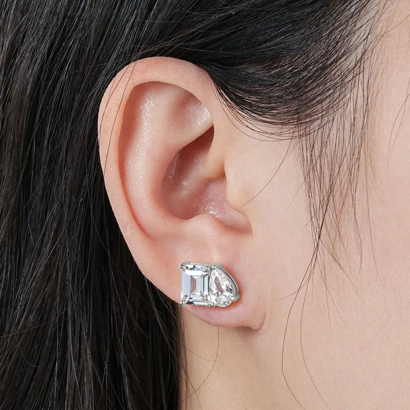 Lnngy Transparent Emerald & Pear Cut Cublic Zircon Earrings for Women Exquisite Two Stone Design Stud Earring Delicate Jewelry