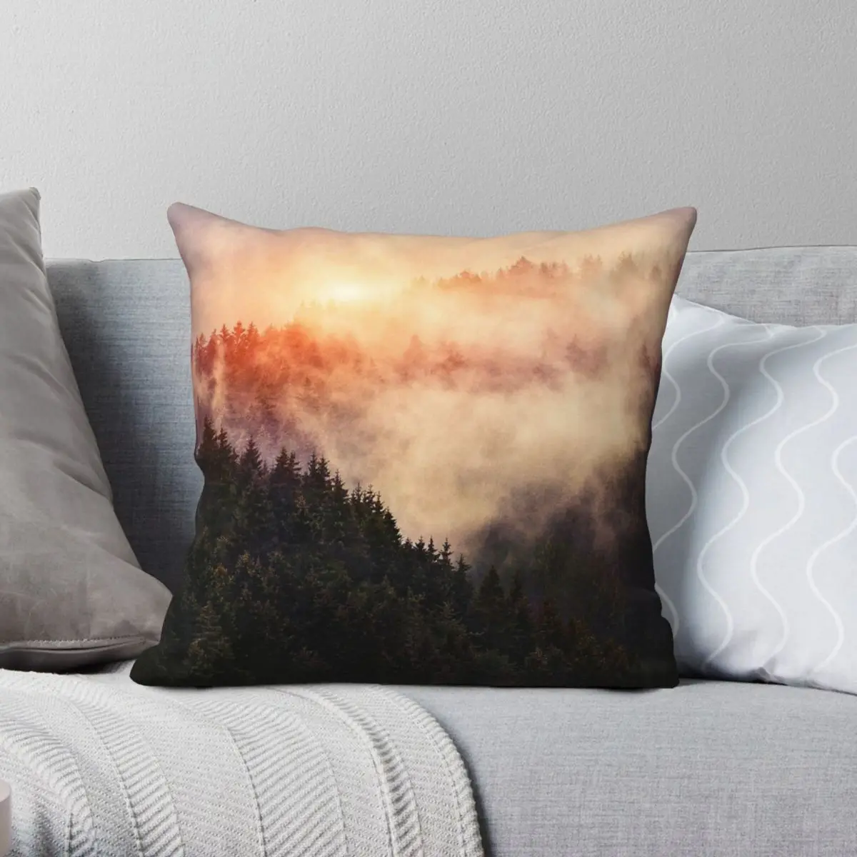 Forest With Trees In Fog Sunlight Square Pillowcase Polyester Linen Velvet Printed Zip Decorative Throw Pillow Car Cushion Case