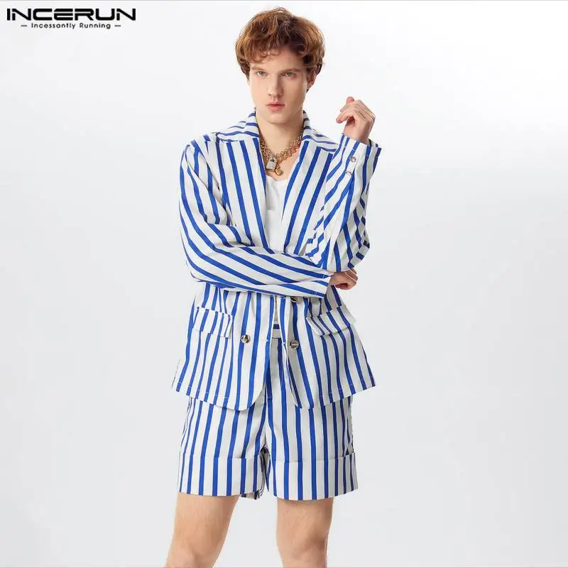 2024 Men Striped Sets Long Sleeve Double Breasted Blazer & Shorts Two Pieces Sets Streetwear Fashion Men\'s Casual Suits INCERUN