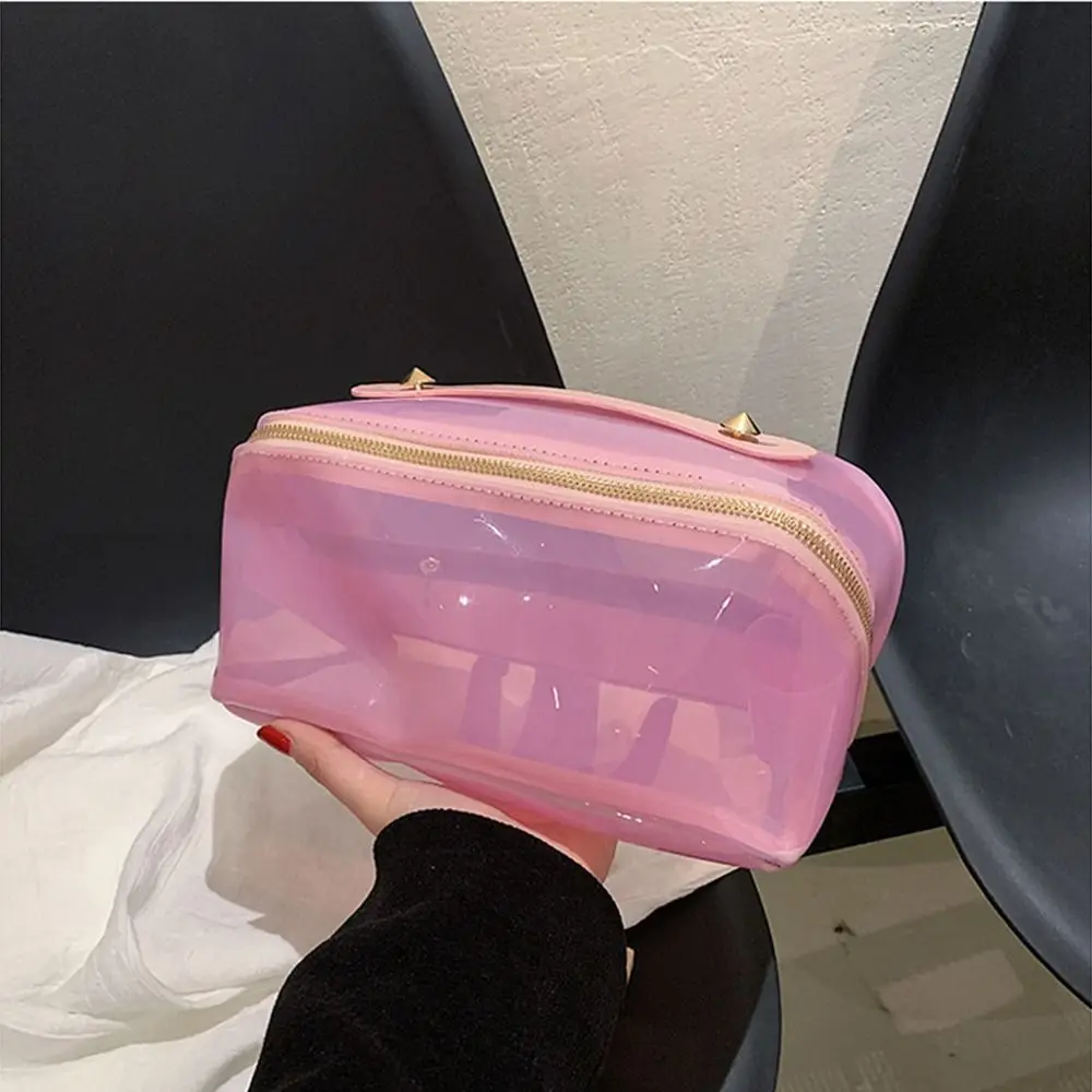 

Large Capacity Transparent Makeup Bag Zipper Closure Top Handle Portable Cosmetic Pouch Easy Carry-On Waterproof Women's Washbag