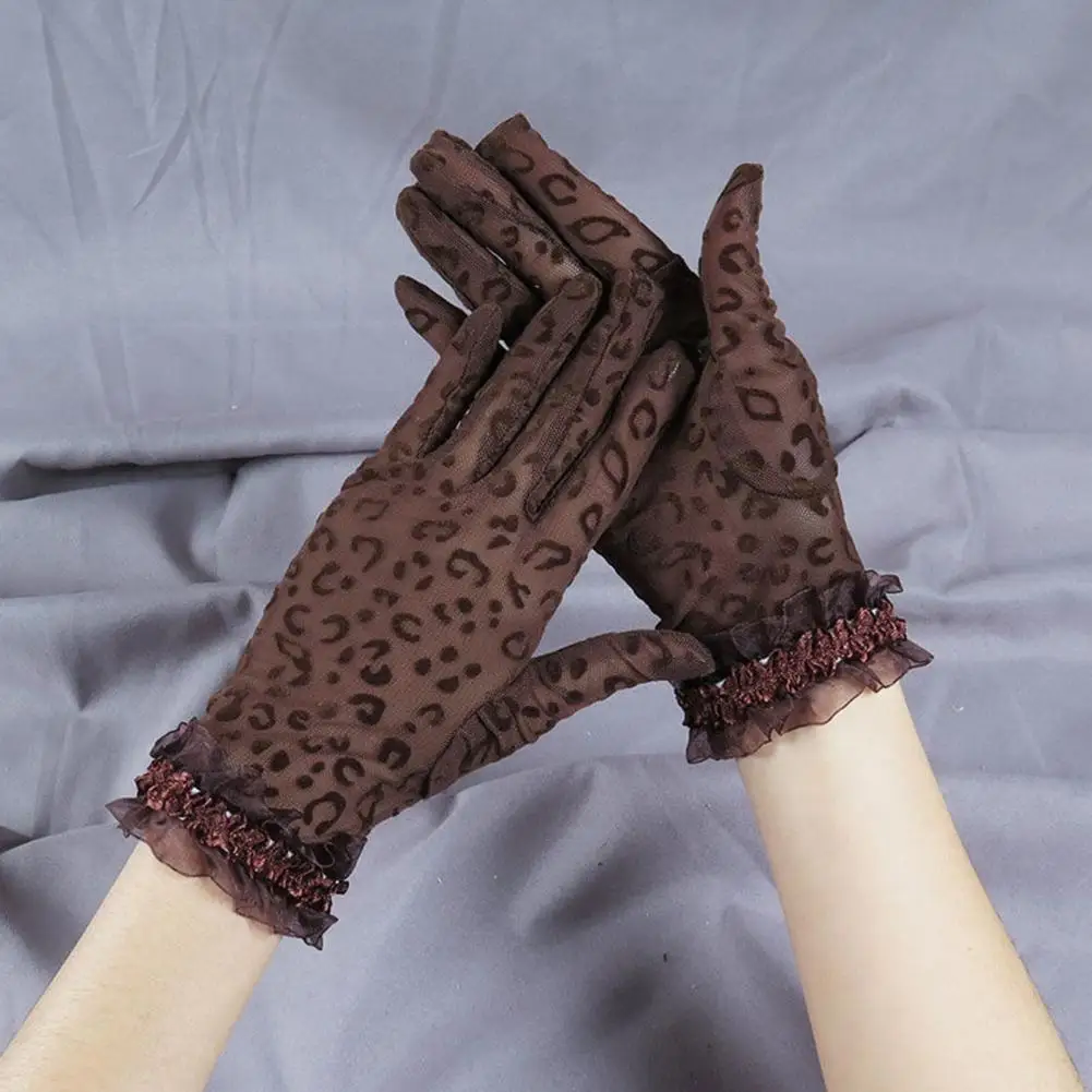 1 Pair Wedding Gloves See-through Thin Lace Leopard Print Women Gloves Decorate Shirring Vintage Full Fingers Prom Gloves