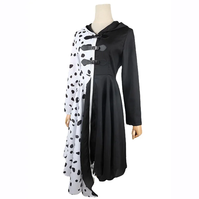 أنيمي Volwasss Cruella De Vil تأثيري ، أزياء الهالوين ، Pruiken ، Dalmatiërs ، Cruella Zwart ، Wit Jurk