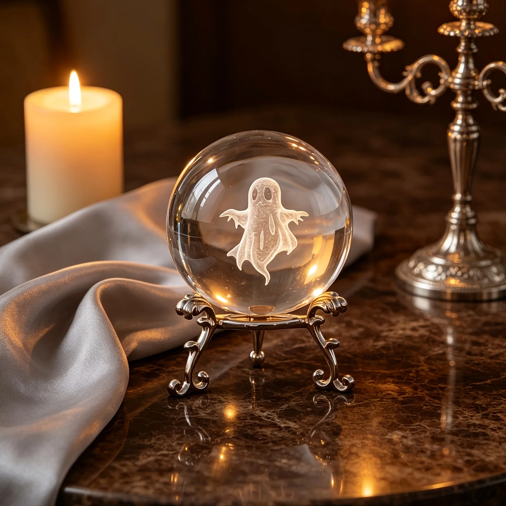 Ghost Engraved Crystal Ball, Spooky Halloween Gift, Crystal Engraved Little Ornament with Base - Gothic Tabletop Decoration. view 2
