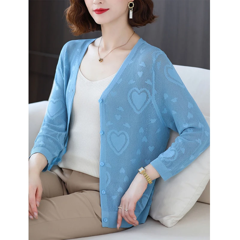 Women Korean Style Sexy Hollow Thin Elegant Knitwear Coat Spring Summer Ladies Solid V Neck Long Sleeve Button Knitted Cardigans