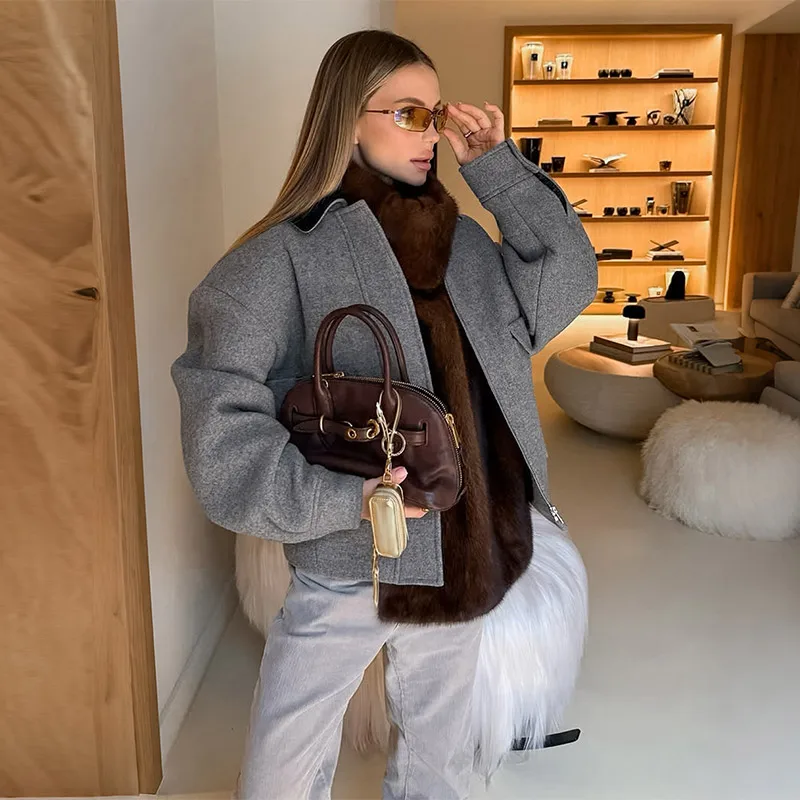 Panzerkragen, lange Ärmel, übergroße Wollmäntel für Damen, Street-Style, umklappbarer Kragen, Reißverschluss, lockere Jacken, modische Damen-Oberbekleidung, neu. – Detail 8