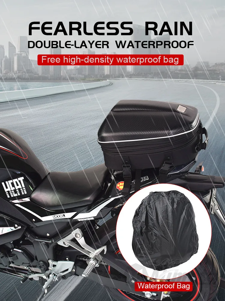 Motorcycle Rear Seat Bag Hard Shell Waterproof Expandable Backpack Helmet Bag with Rain Cover Night Reflective Riding Outdoor