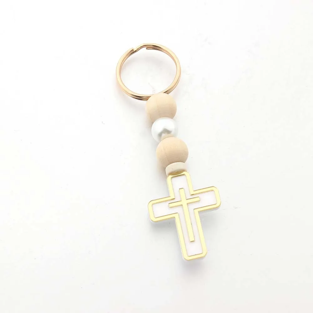 10Sets First Holy Communion Favors Rosary Beads with Cross Crucifix Keychain with White Organza Bag Baptism Favors