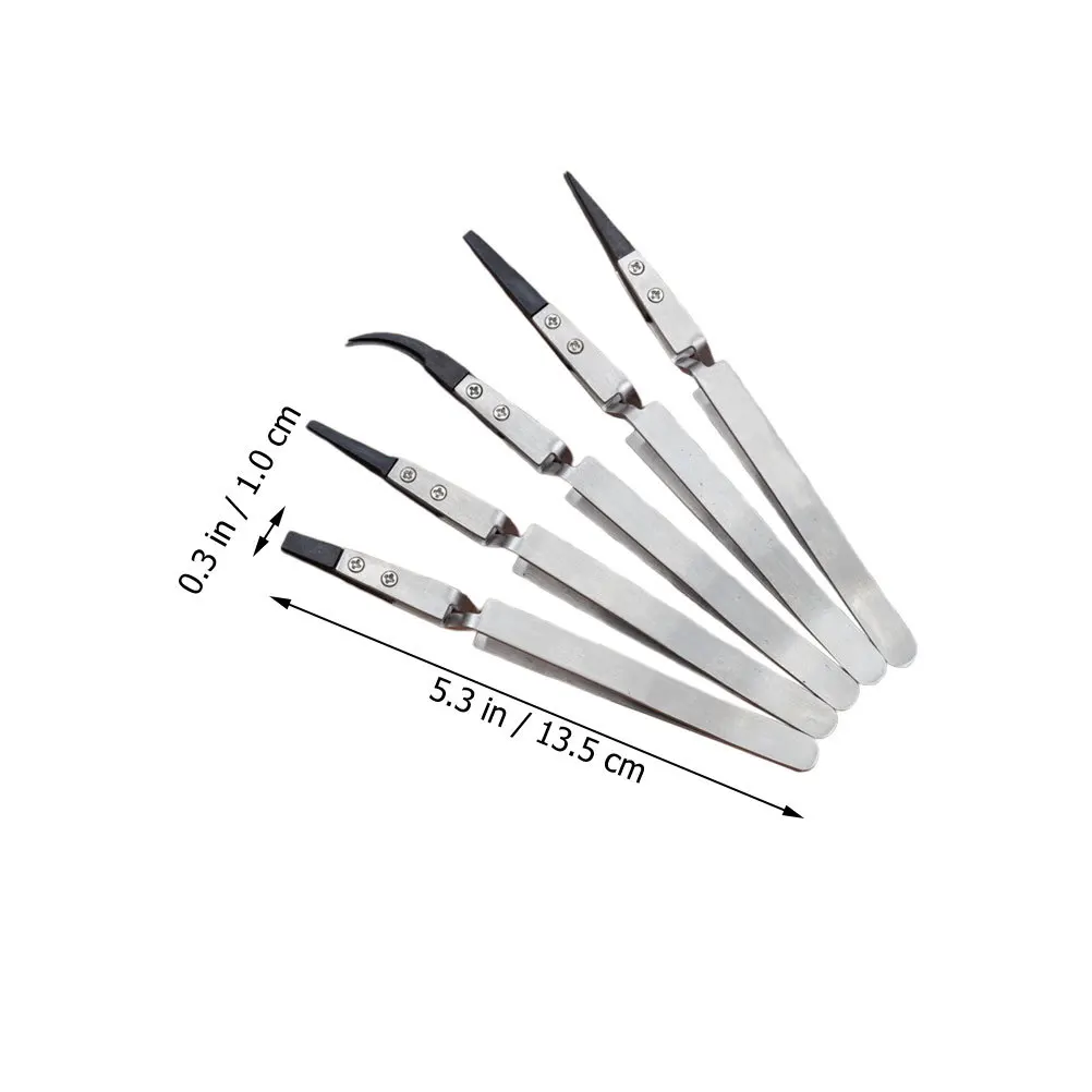 5pcs Precision Ceramic Tweezers Heat Resistant Non-Conductive Anti-Static Stainless Steel Handle For Electronics Repair