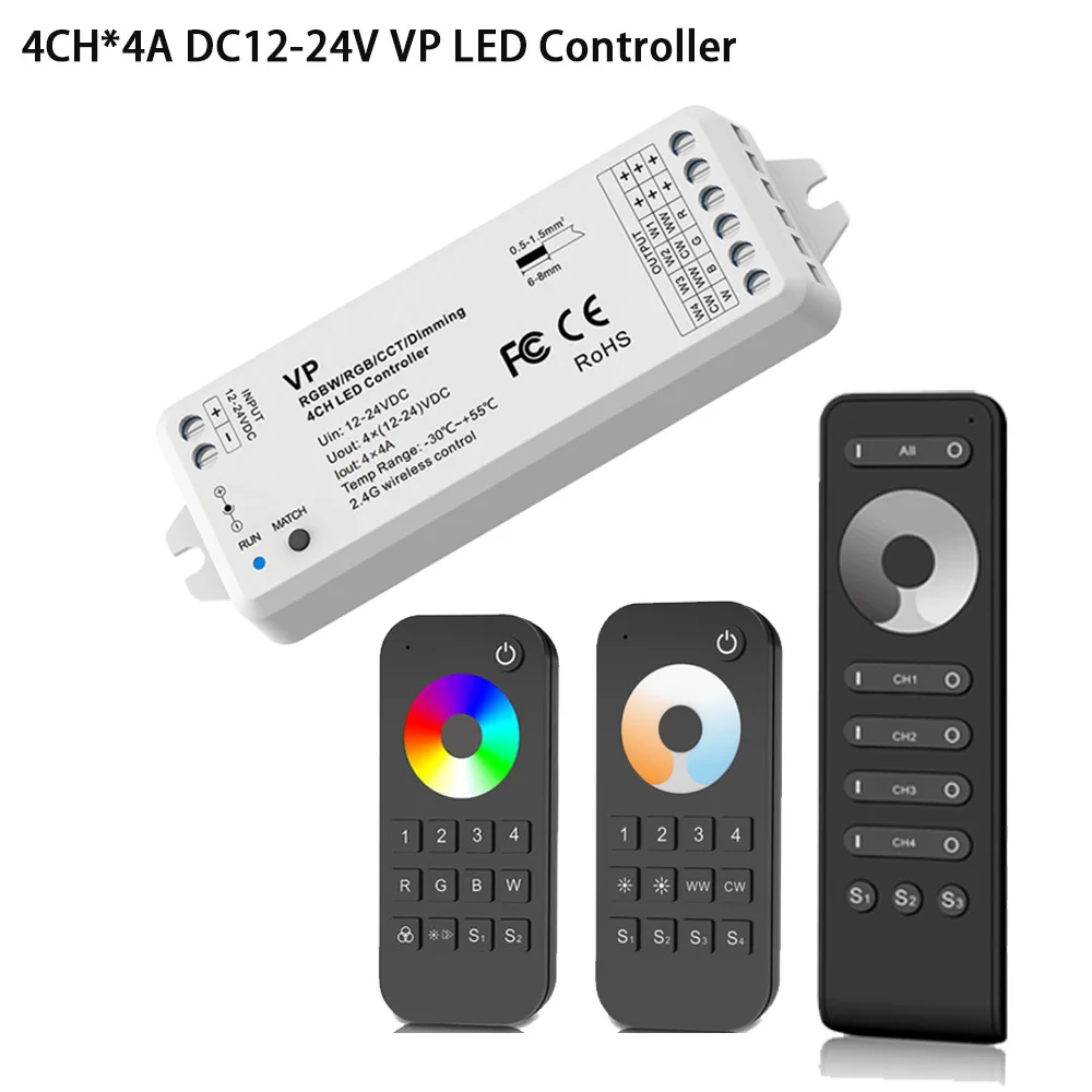 Vp Rgbw/Rgb/Cct/Dimmen 4 Kanaals Rgbw Led Rf Controller 12V-24V Dc constante Spanning 4 In 1 2.4G Rf Draadloze Ontvanger RT9 Remote