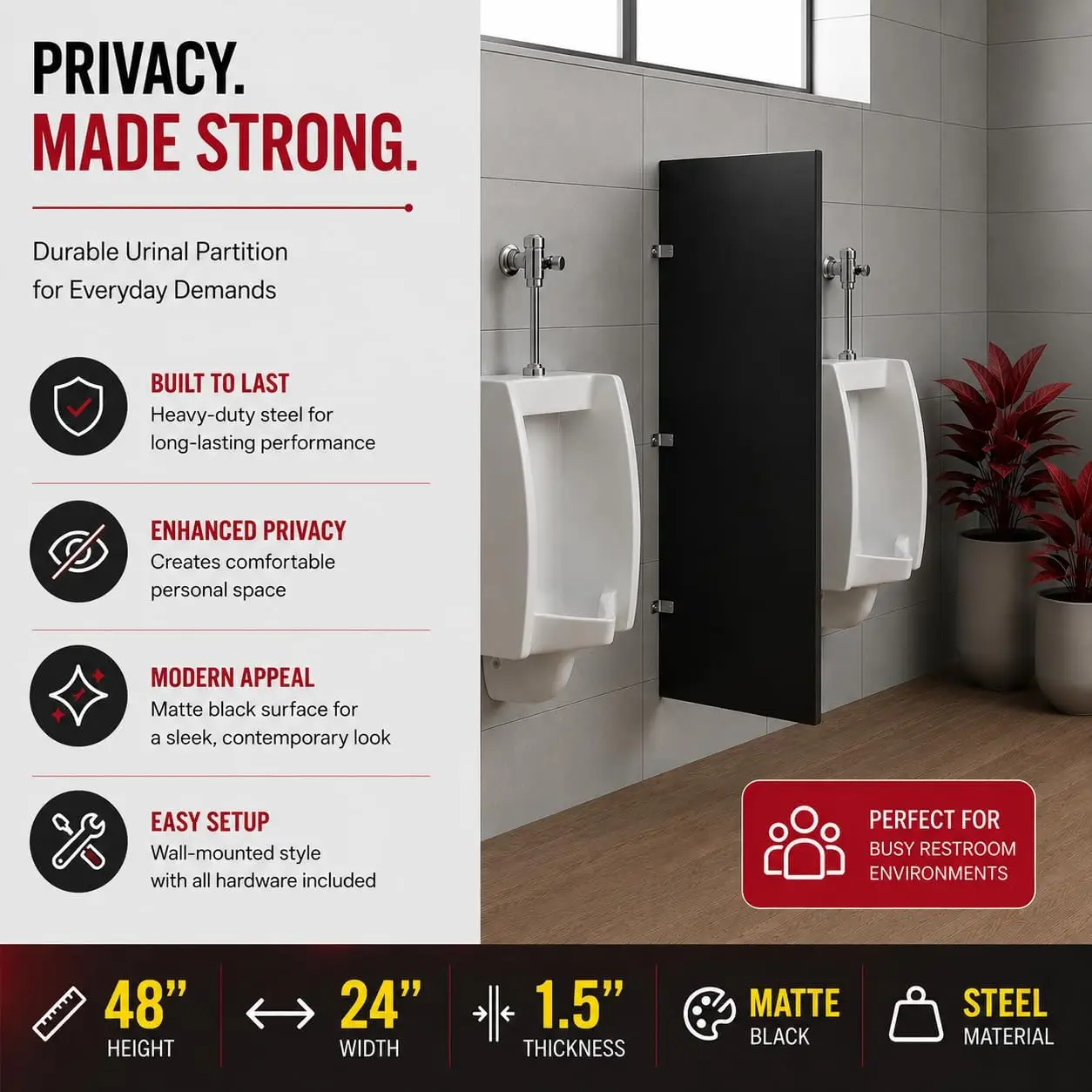 24 x 48 Matte Black Commercial Steel Urinal Partition Panel Restrooms Wall Mounted Privacy Divider Hardware Kit Durable Metal Pr