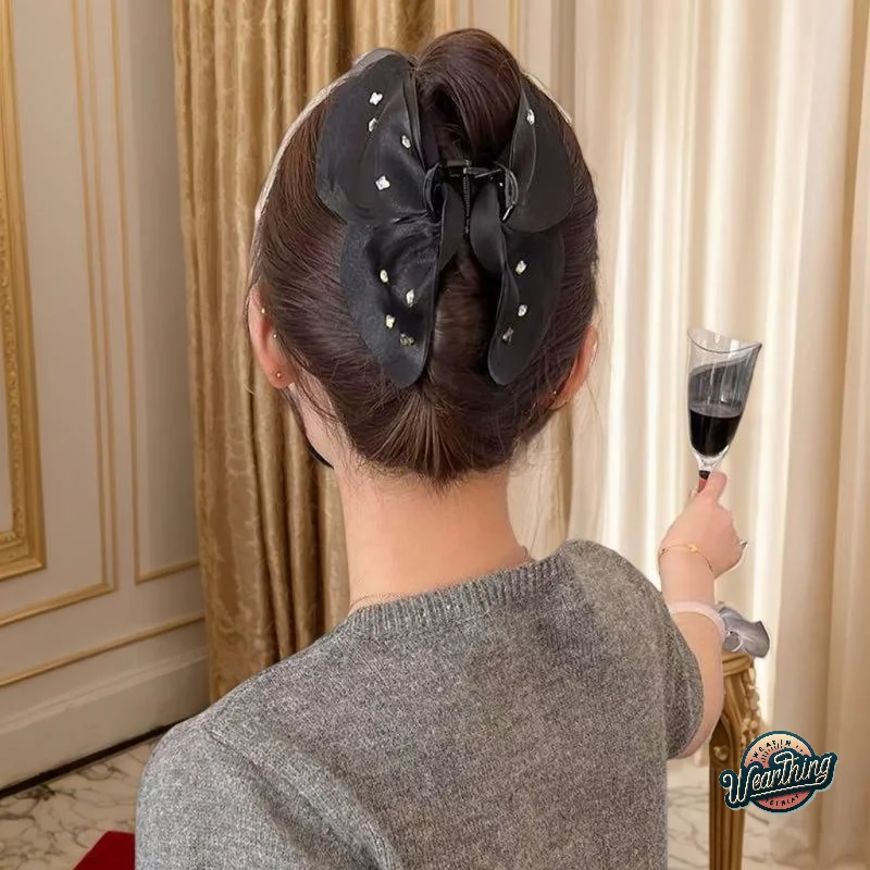 

Classy Oversized Rhinestones Bow Hair Clamp for Ladies and Girls; Chic Hairpiece Butterfly Shark Clips Hair Styling Accessory.