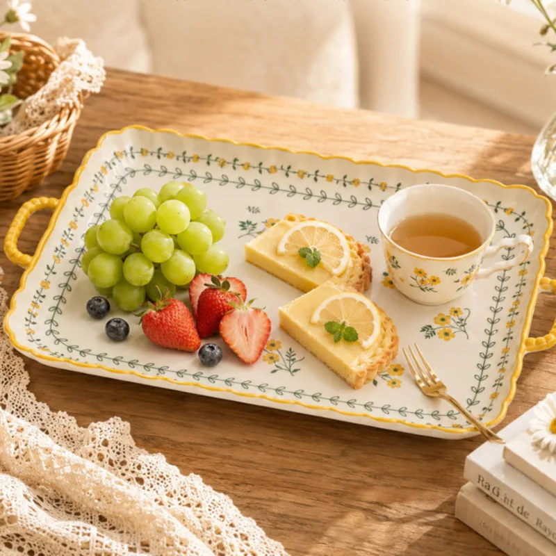32cm Ceramic Serving Tray Rectangular Plate Yellow Flower Double Handle Dessert Fruit Cake Dish Kitchen Tableware Snack Plate