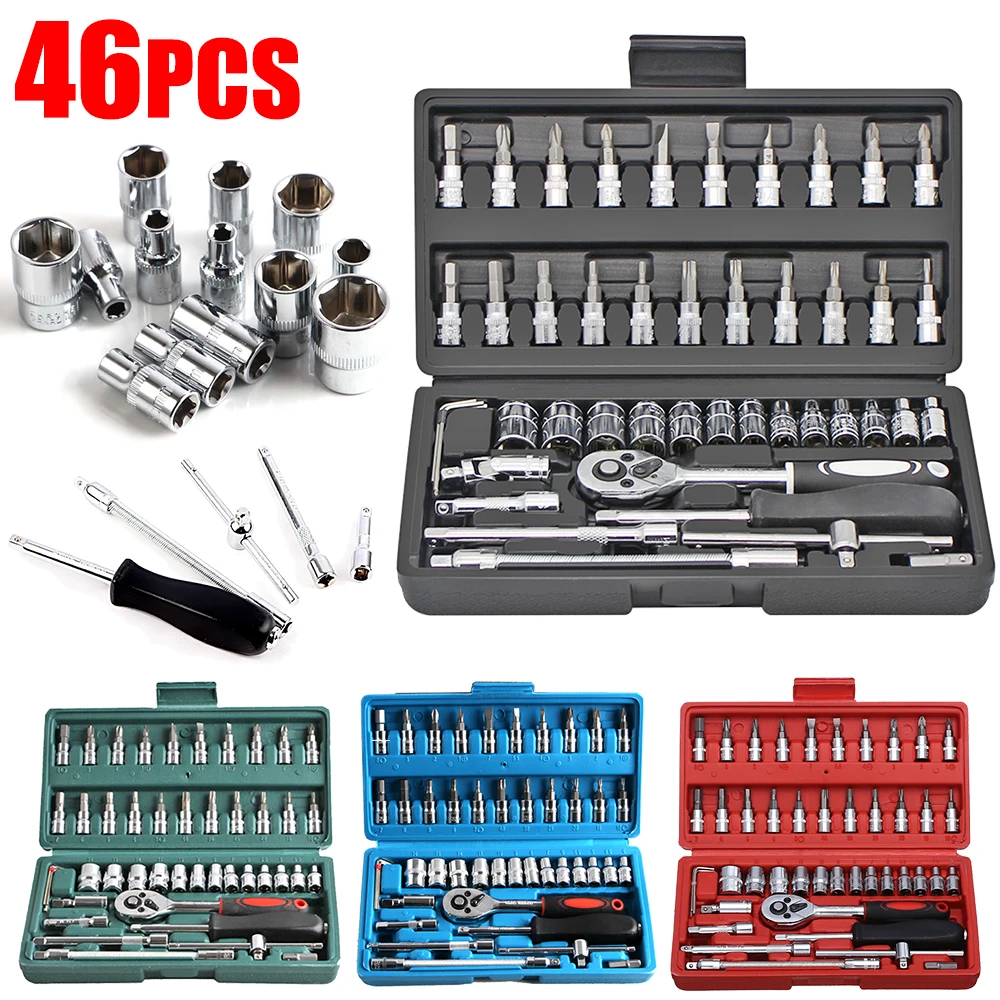 

46PCS/Set Car Repair Tool Kit Spanner Screwdriver Socket Set Ratchet Torque Wrench Combo for Car Motorcycle Bicycle Repair Tools