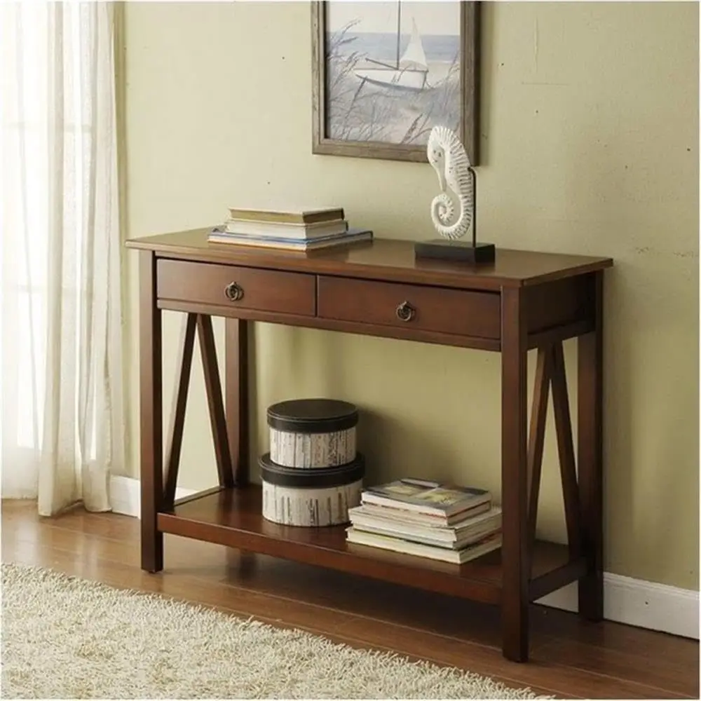Console Table, Antique Tobacco Finish, Pine and Painted MDF Construction, Compact Design with 2 Drawers, 30.71