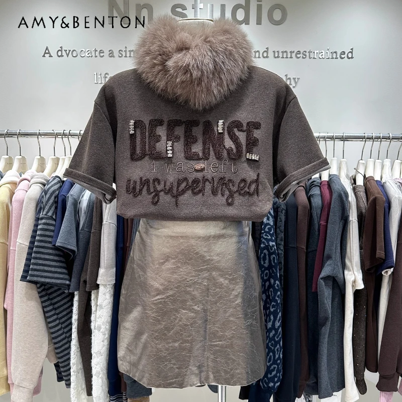 

Thickened Brushed Cotton Oversized T-shirt Autumn Winter New Mid-Length Loose Fit Hip-Covering Half-Sleeves Top Inner Wear Tees