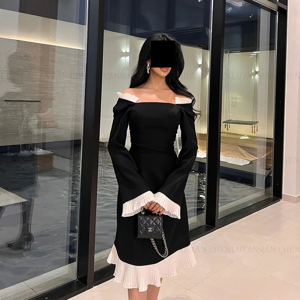 MOLISA Black Short A Line Off the Shoulder Party Dresses Long Sleeves Saudi Arabia Prom Dress Pleated Customized Evening Gowns