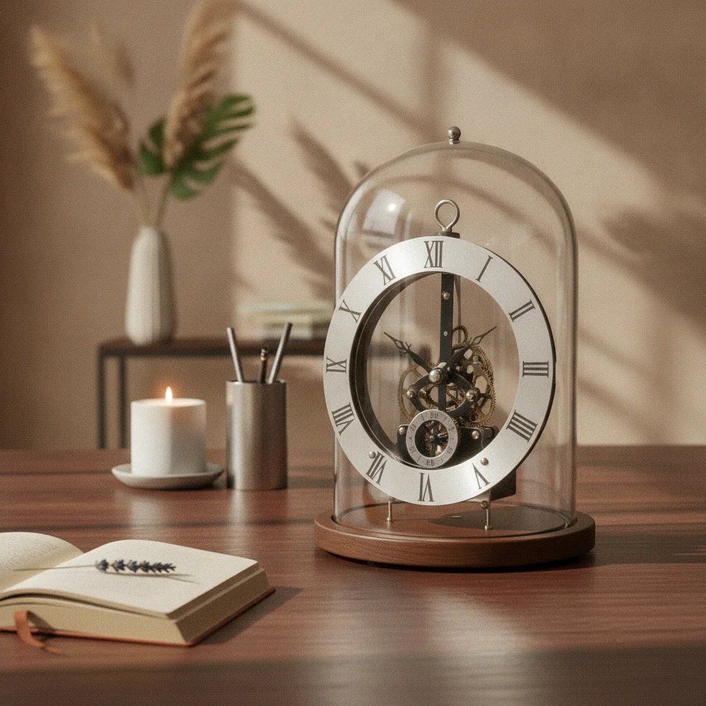 Glass Dome Clock LED Night Light Walnut Base Clock Home Decor Mechanical Style Transparent Mechanism