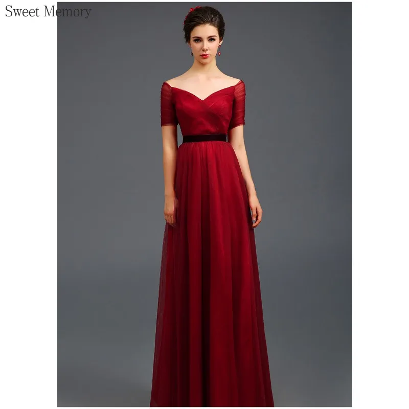 N1140 فساتين السهرة الرسمية رمادي أزرق النبيذ الأحمر الأسود اللباس الحلو الذاكرة أنيقة قصيرة الأكمام الطابق طول فستان حفلات الزفاف