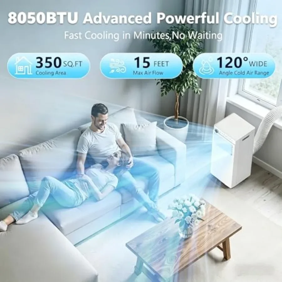 8000BTU Portable Air Conditioner for bedroom use, aluminum housing, white color, drainage-free cooling and 4-in-1 functionality