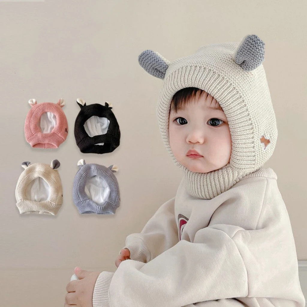 

Cute Winter Baby Knitted Hat with Cartoon Ears, Baby Solid Color Thick Fleece Ear Protection Hat