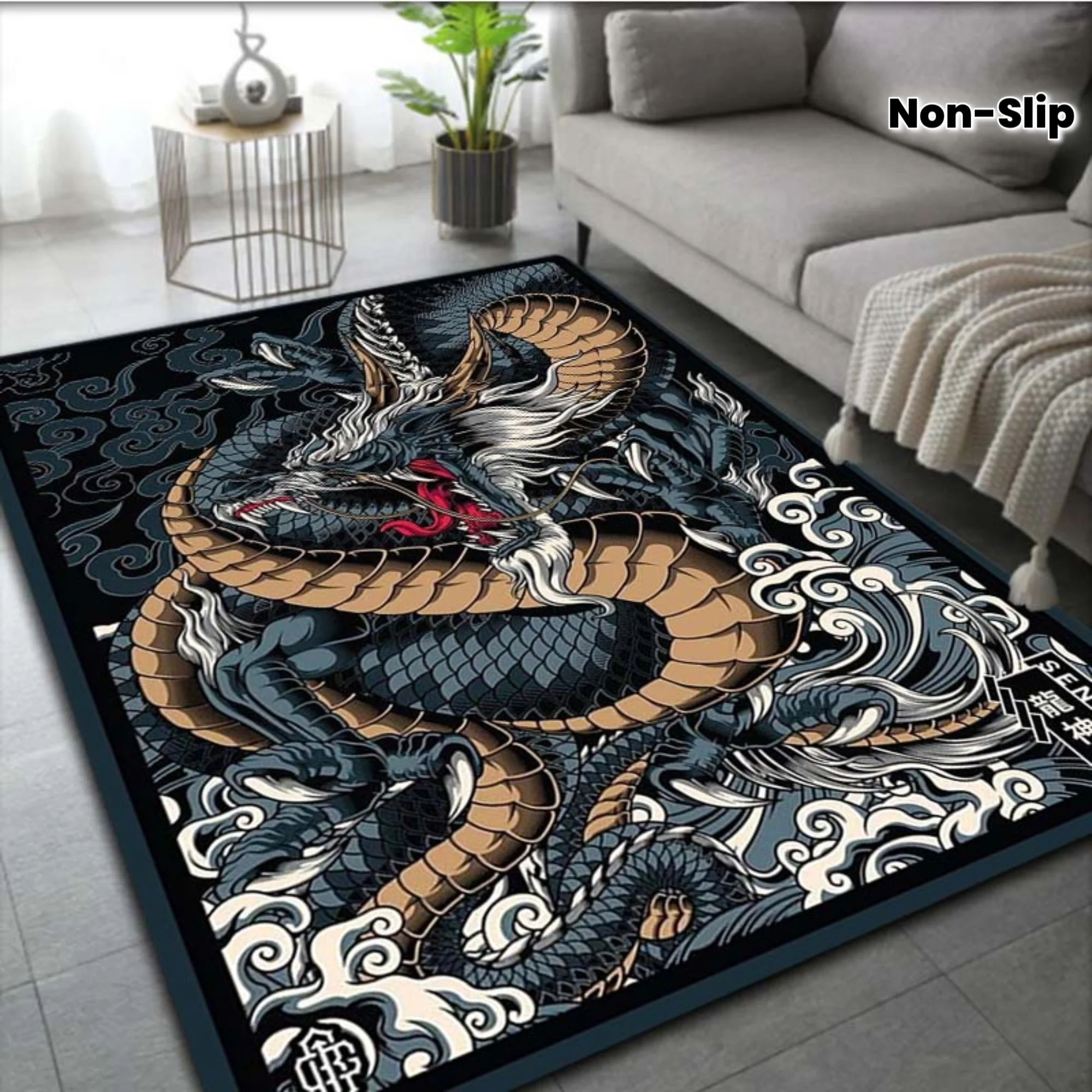 Chinese Dragon Tattoo Style Printed Flannel Rug Non Slip Soft Carpet For Living Room Bedroom Modern Asian Decor Artistic Design