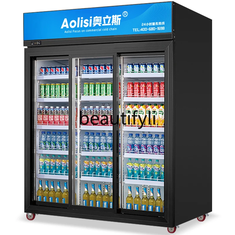 

Sliding Door Beverage Cabinet Frost-Free Refrigerated Fresh-Keeping Freezer Vertical Sliding Door Display Cabinet
