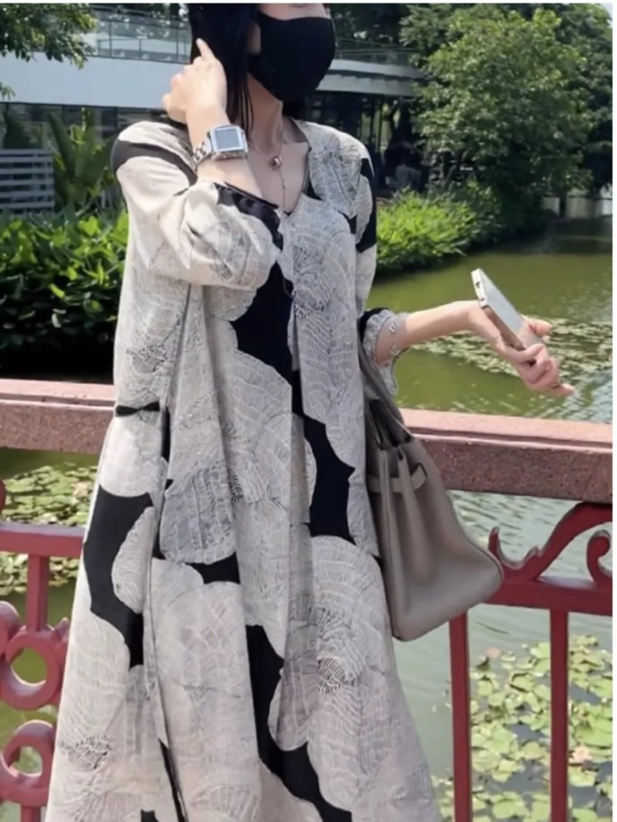 Retro Water-Media Stampa Cotone-Lino Lungo Dr Donna Allentato Dimagrante Leggero V-Ne A-Line Estate Dr