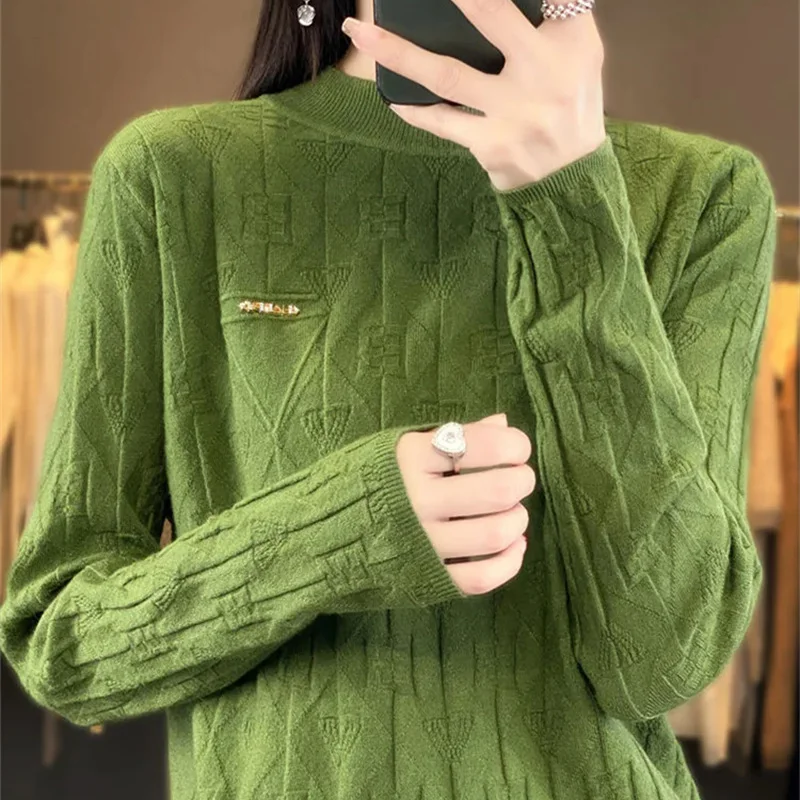 2025 Autumn Women Sweater Pullover Half High Collar Solid Jacquard Long Sleeve Loose Knitwear Jumper Female Tops Bottoming Shirt