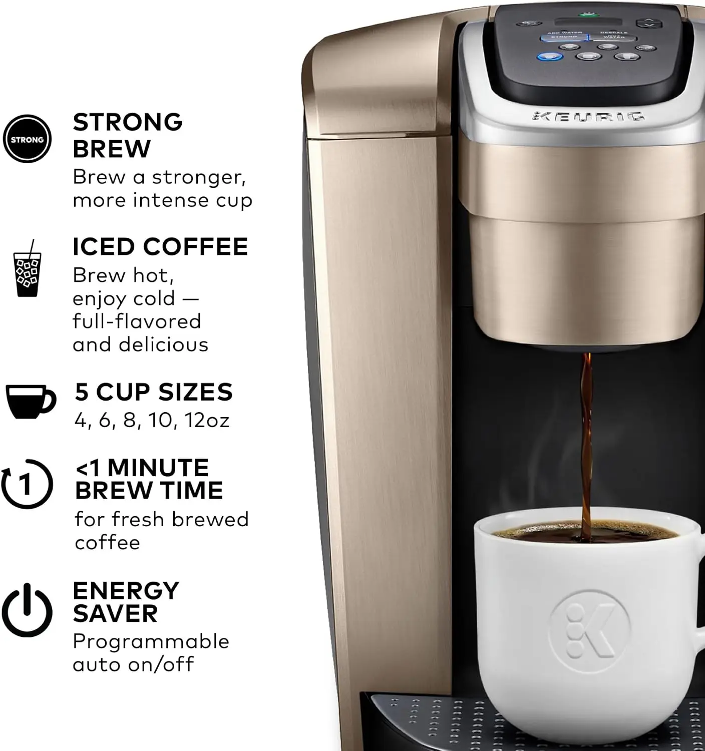 K-Elite Single Serve K-Cup Pod Coffee Maker, with Strength and Temperature Control, Iced Coffee Capability, 8 to 12oz Brew Size,