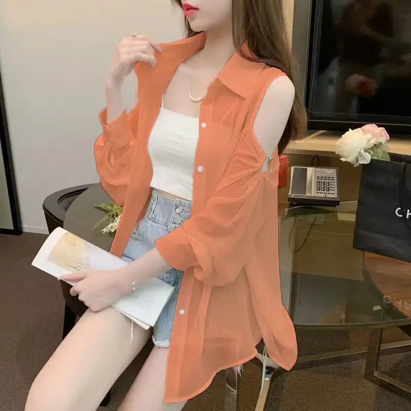 Fashion Lapel Button Solid Color Off Shoulder Chiffon Shirts Female Clothing 2024 Summer New Loose Sweet Tops Casual Blouses