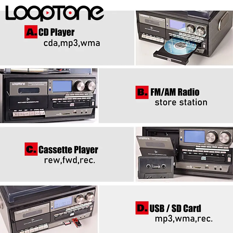 LoopTone 3 سرعات الكل في واحد بلوتوث في/خارج متوافق مع القرص الدوار الفينيل LP مشغل تسجيلات الأقراص المضغوطة الكلاسيكية وراديو FM/AM USB REC