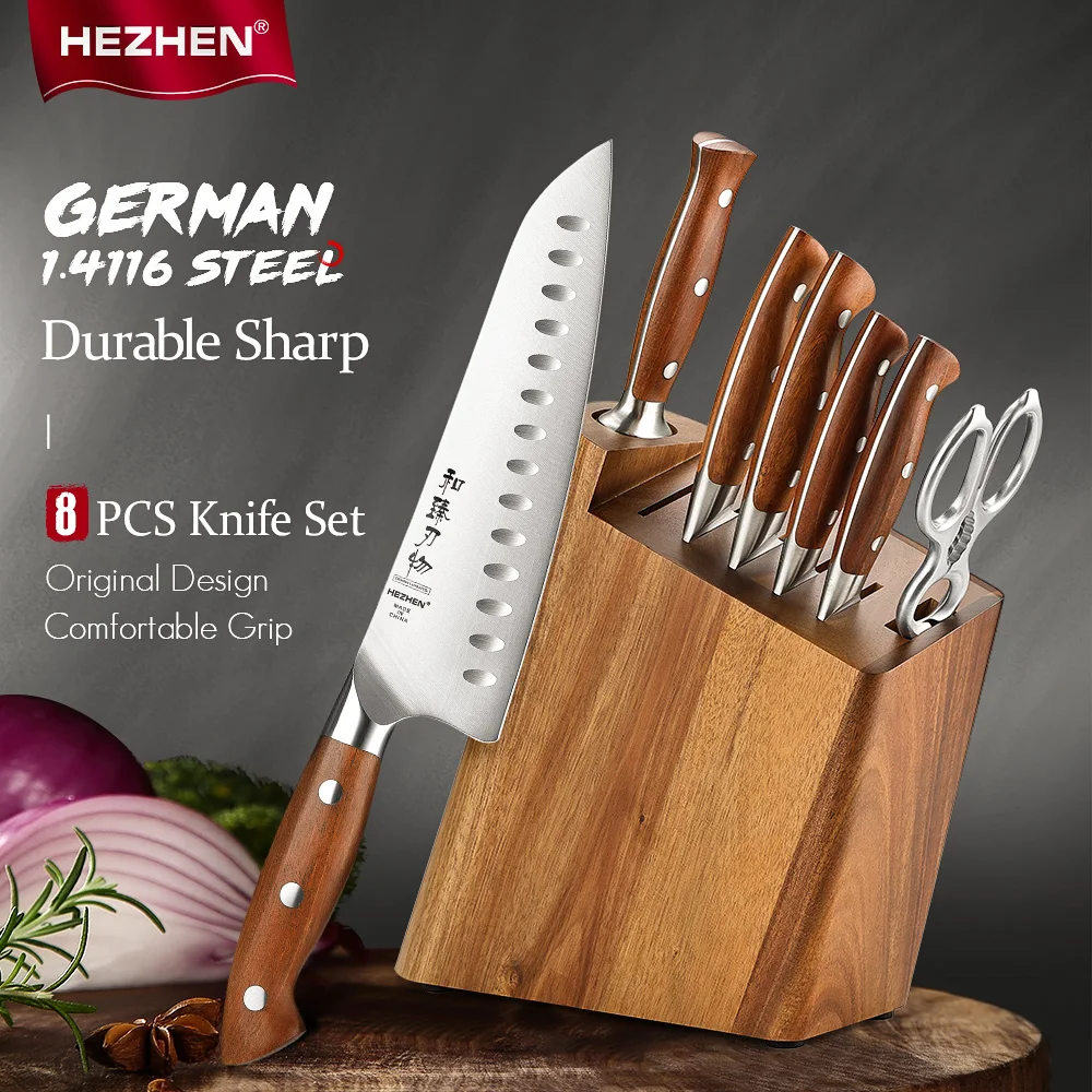 

HEZHEN 8PC Knife Set German 1.4116 Stainless Steel Knife Sharpening Set With Wooden Holder Sharpener Rod Chef Knife