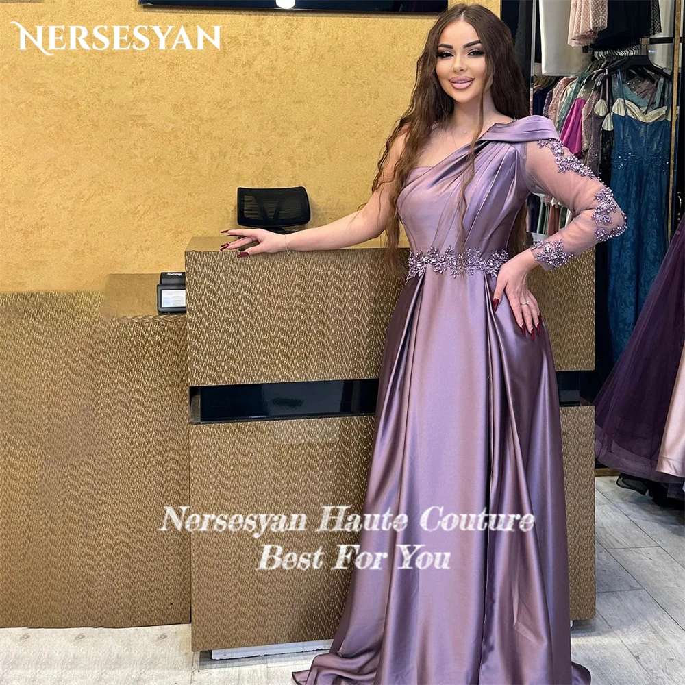 Nersesyan Purple Glitter Formal Evening Dresses One Shoulder A-Line Lace Prom Dress Beadings Pleats Sparkly Wedding Party Gowns