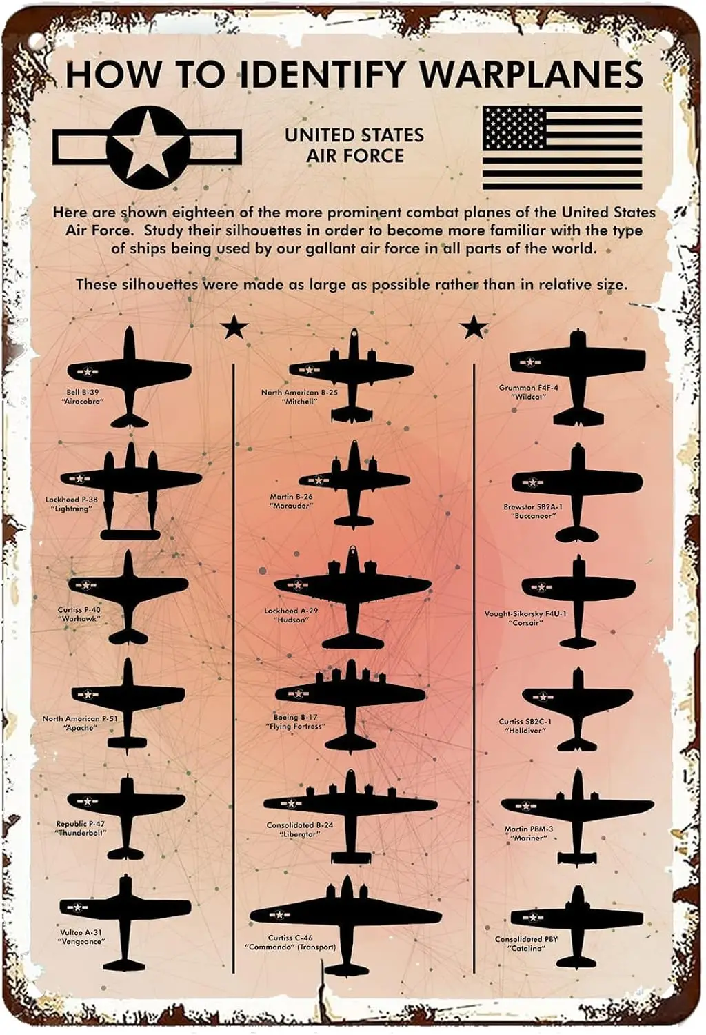 Placa de metal rústica para decoração de parede - Aviões da Segunda Guerra Mundial, como identificar aviões de guerra - Placa de metal |   Presente para Homens, Pai, Namorado, Ele
