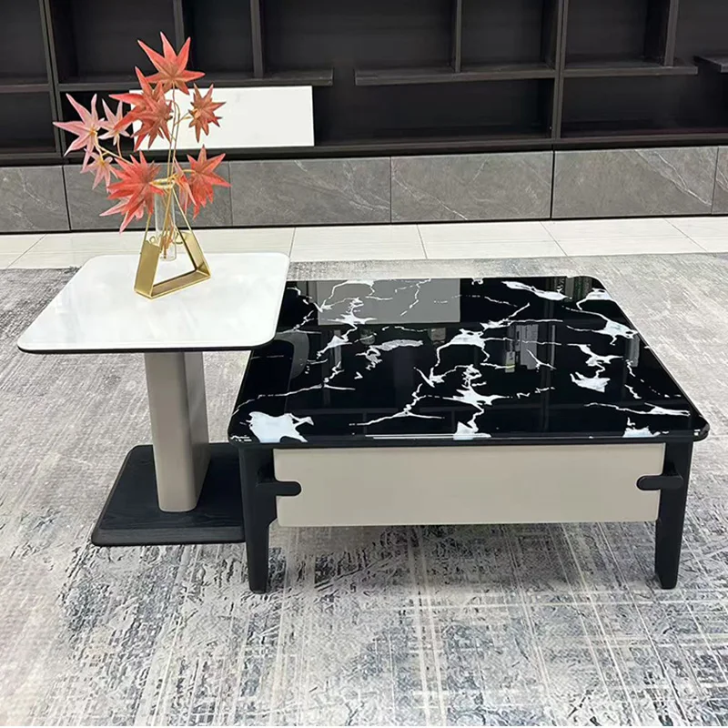 

Luxury Black White Coffee Table with Storage Drawer for Living Room Modern Wood Leg Tea Table Home Rounded Corner Center Tables