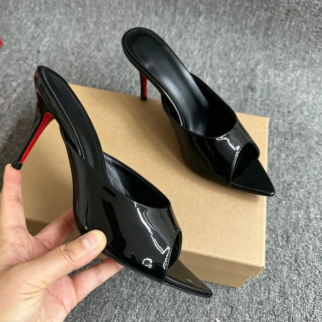 Women Black Patent Leather Peep Toe Mules Pointed Toe Thin Stiletto Classic Red Sole Slip On Summer High Heel Sandals Mature New view 6
