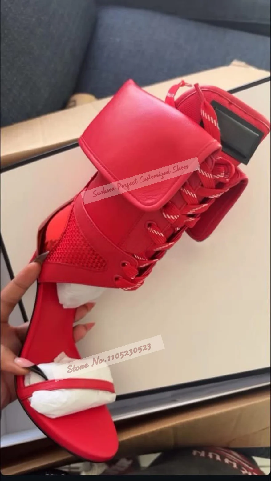 Red White Patchwork Turn Over Collar Sandals Thin High Heel Single Band Lace-Up Dress Shoes Network Army Green Banquet Pumps