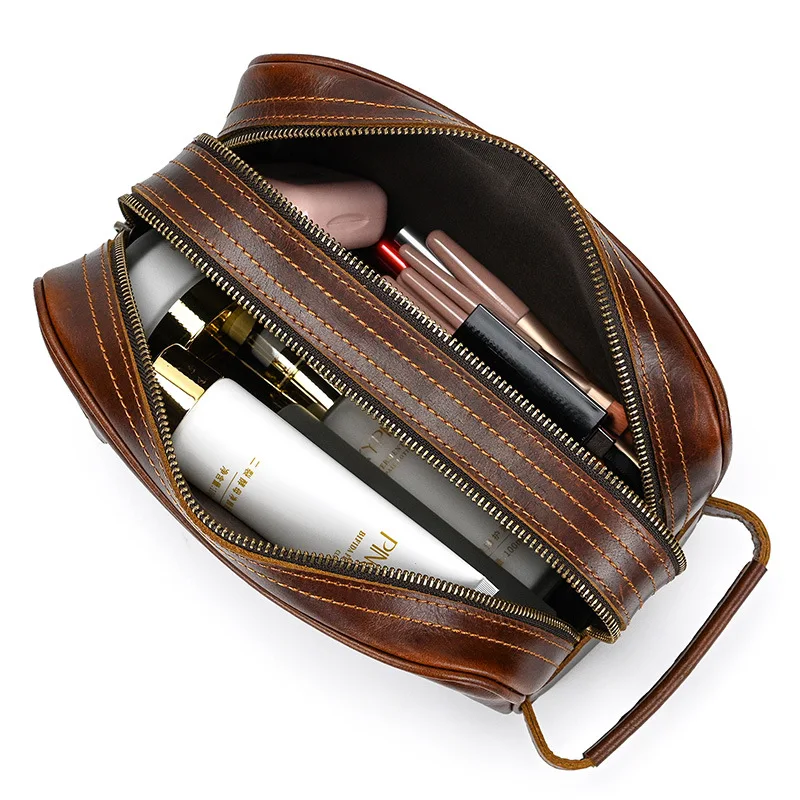 Men Handbag Genuine Leather Wash Bag Men Storage Bag Large Capacity Double Zipper Men Makeup Bag Casual Women Cosmetic Bag