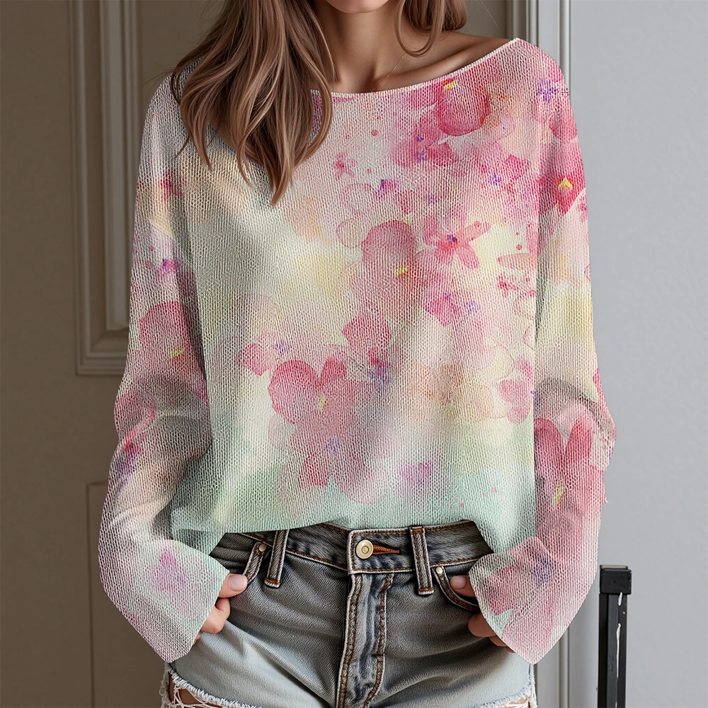

Flower leaf pattern casual women's sweater Fresh leaf and flower pattern Women's sweater with exposed collarbone