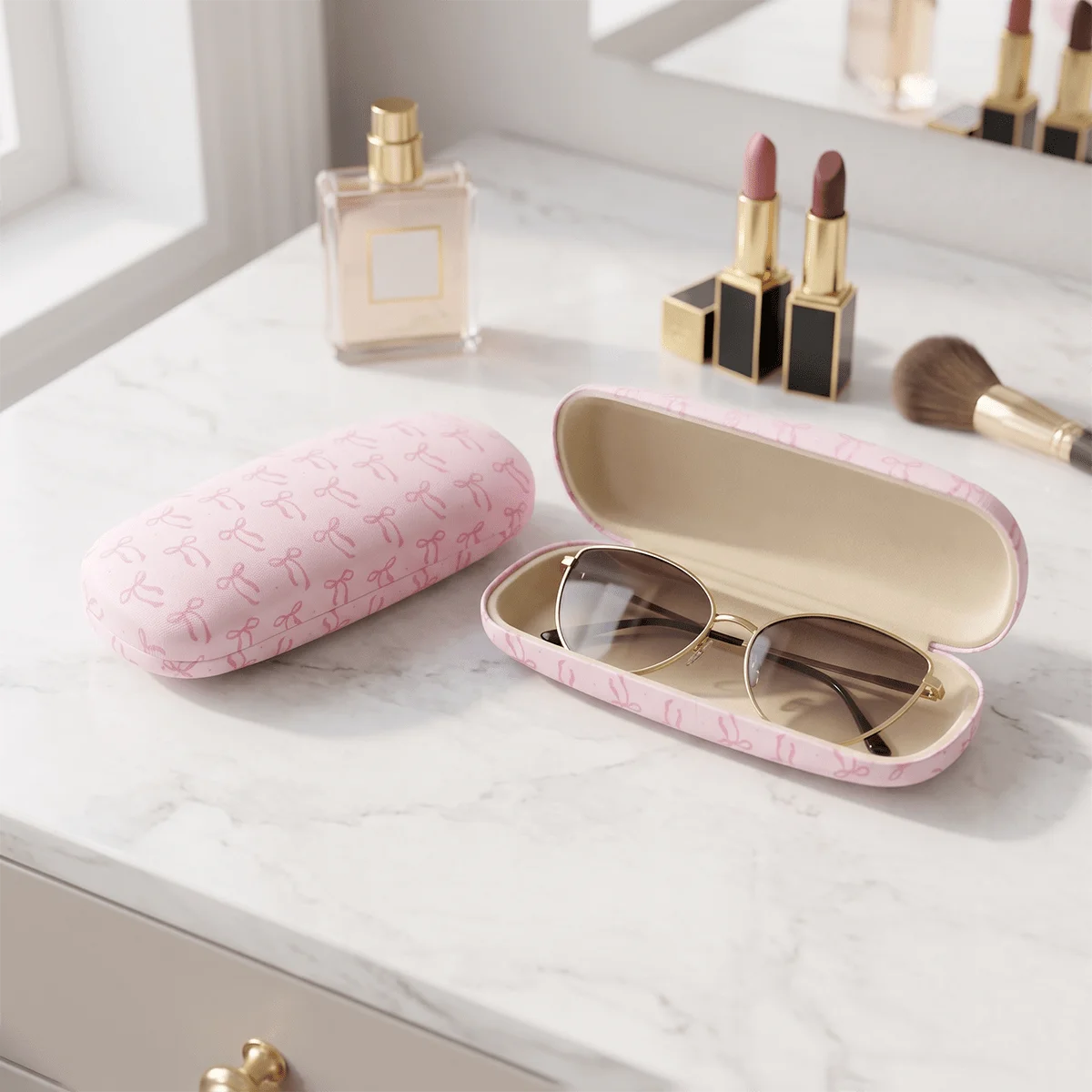 Bow Print Glasses Case, Women'S Portable Anti-Crush Hard Shell Storage Box, Fashionable Student Style Glasses Case