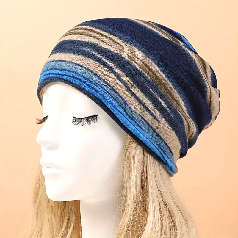 

Unisex Multicolored Striped Print Bonnet Beanie Hat Scarf Warm Soft Autumn Winter Multifunctional Outdoor Accessories Fashion